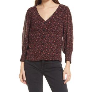 Madewell Women's Size 14 Brown Floral Smocked Cuff Georgette Button-up Top NWT